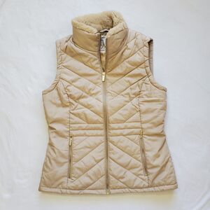Calvin Klein Zip-Up Quilted Vest Plush Collar ~ Beige ~ Small S
